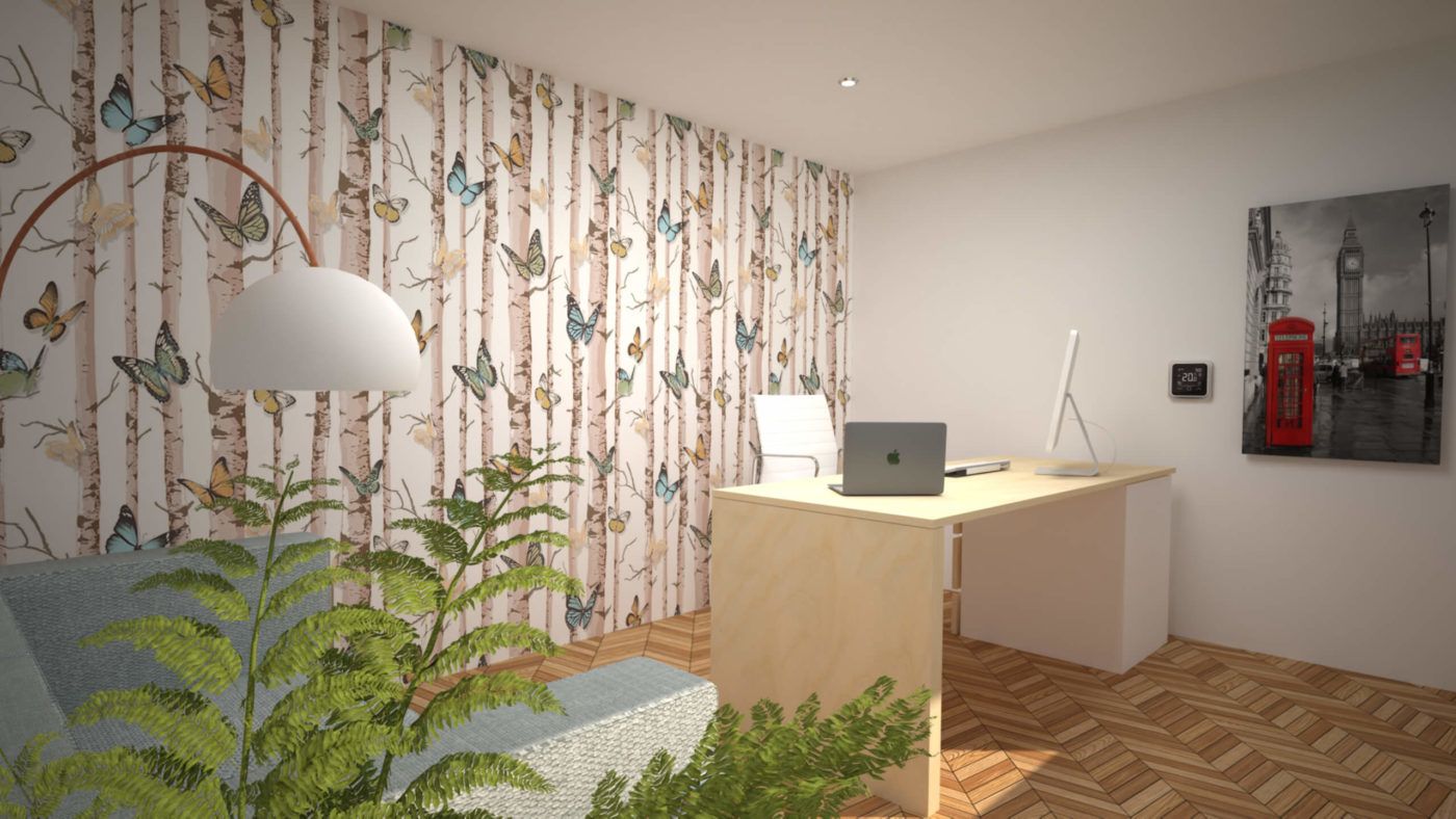 inside of a garden office featuring a desk plant and a lamp