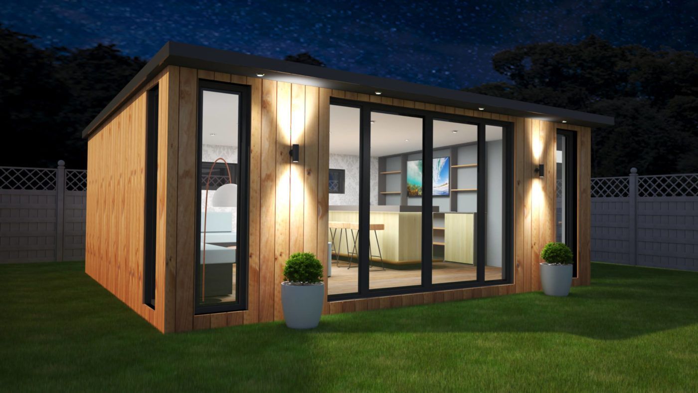 side profile of a garden room at night