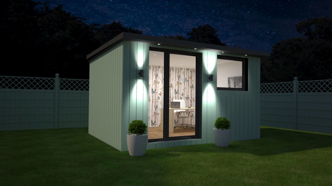 side profile of a green garden office at night