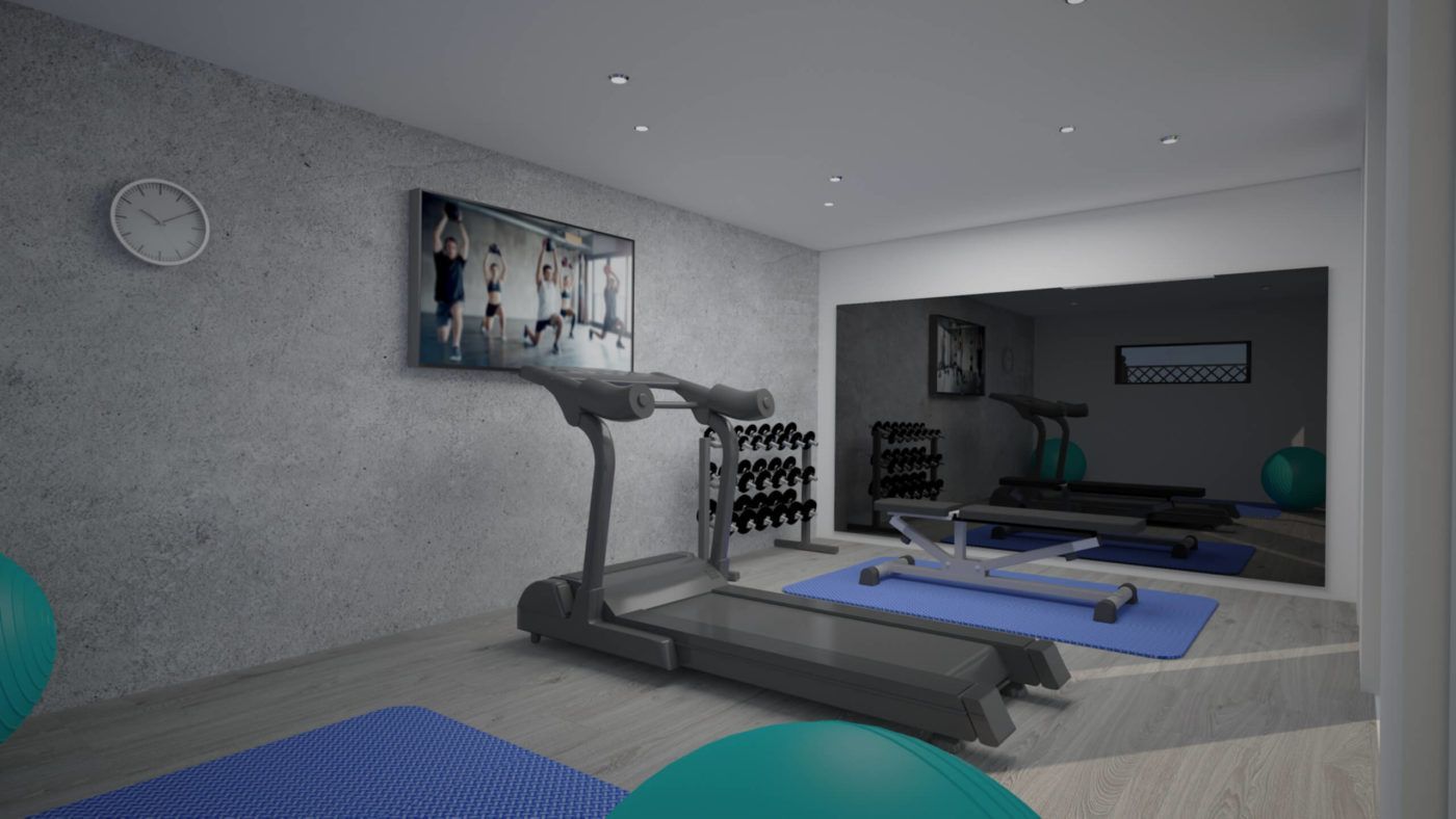 treadmill and gym equipment inside of a garden gym